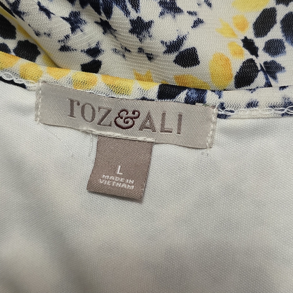 Roz & Ali Navy Yellow Abstract Ruffle Front Sleeveless Blouse – Size Large - Picture 6 of 8